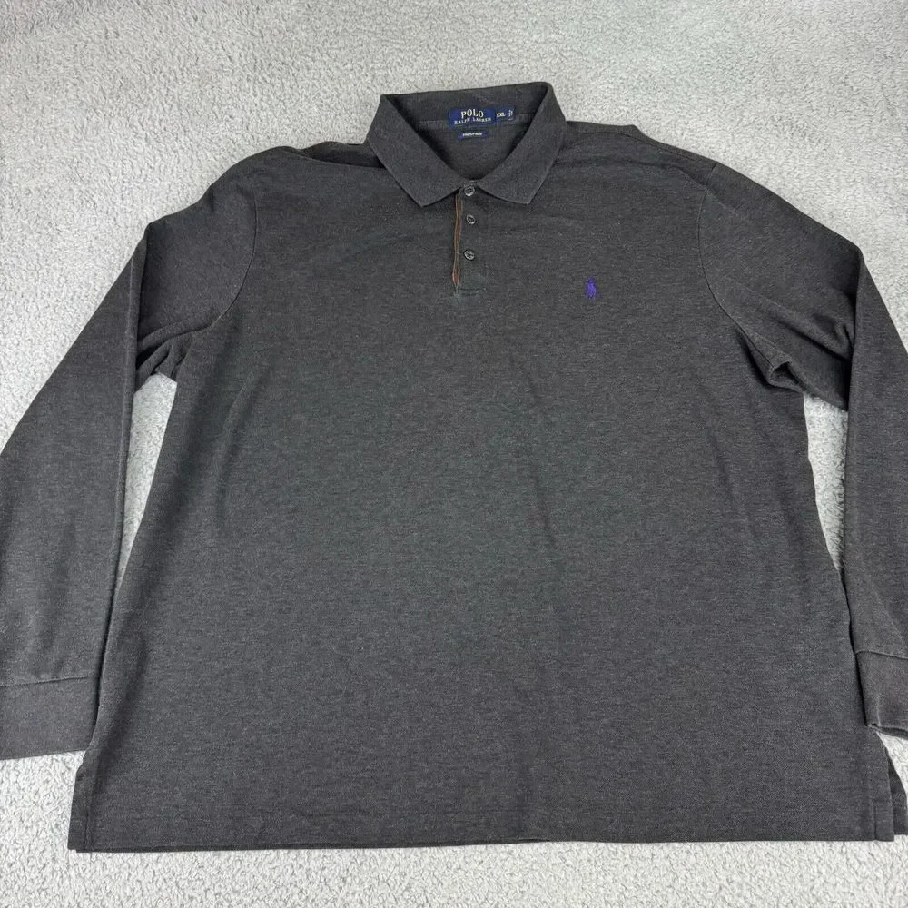 Polo Ralph Lauren Shirt XXL‎ Gray Long Sleeve Polo Custom Slim Fit Stretch Mesh
